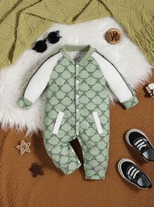 Baby Boy Bear Print Contrast Raglan Sleeve Baseball Collar Button Front Jumpsuit - Mint Green - View 1
