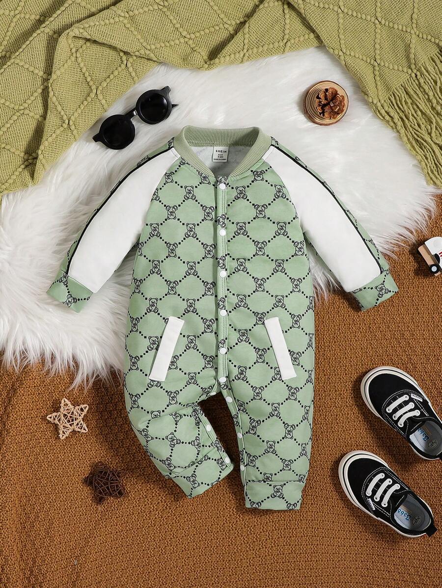 Baby Boy Bear Print Contrast Raglan Sleeve Baseball Collar Button Front Jumpsuit - Mint Green - View 1