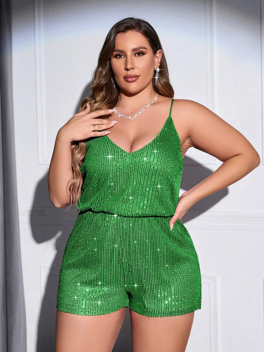 Double Crazy 女士秋季连体裤，适合婚礼宾客，简约夏季连衣裙，适合音乐会，加大码女士无袖亮片派对连体裤 - 橄欖綠 - 查看 1