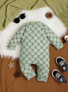 Baby Boy Bear Print Contrast Raglan Sleeve Baseball Collar Button Front Jumpsuit - Mint Green - View 2