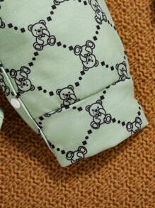 Baby Boy Bear Print Contrast Raglan Sleeve Baseball Collar Button Front Jumpsuit - Mint Green - View 3