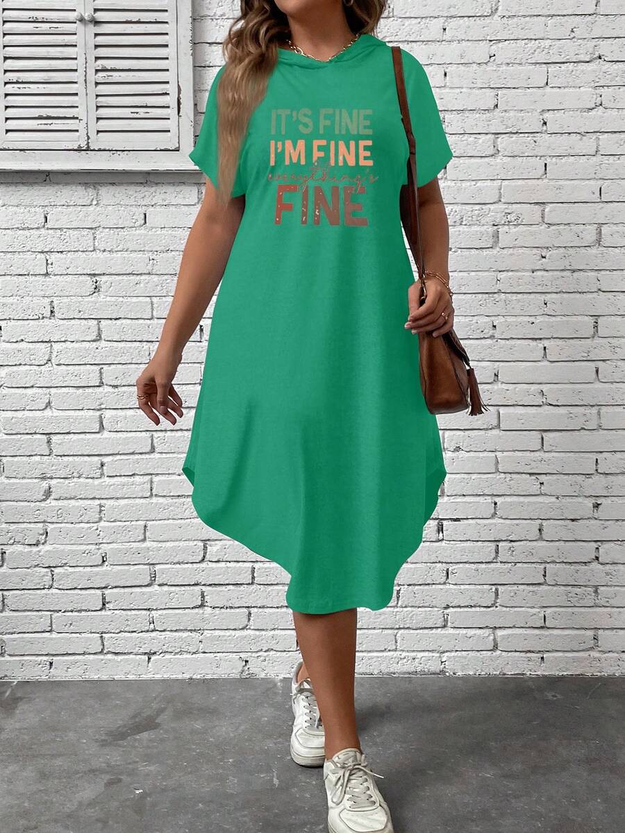 SHEIN LUNE Plus Slogan Graphic Curved Hem Tee Dress - Green - View 1