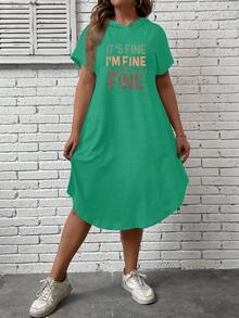 SHEIN LUNE Plus Slogan Graphic Curved Hem Tee Dress - Green - View 5