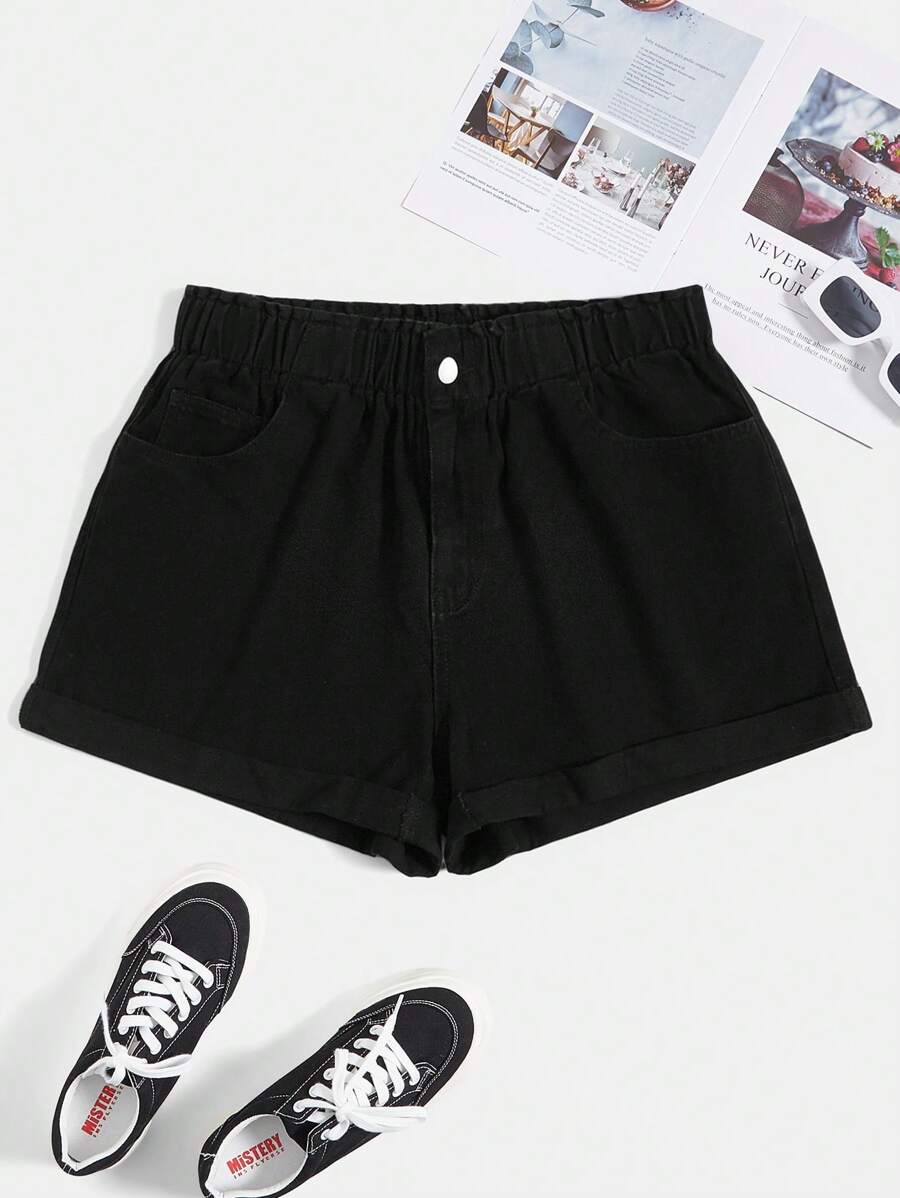 Plus Roll Up Hem Denim Shorts - Black - View 1