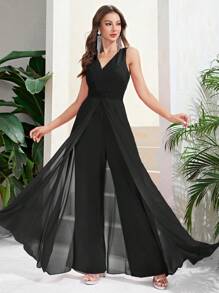 Double Crazy Solid Wide Leg Jumpsuit - Black - View 1