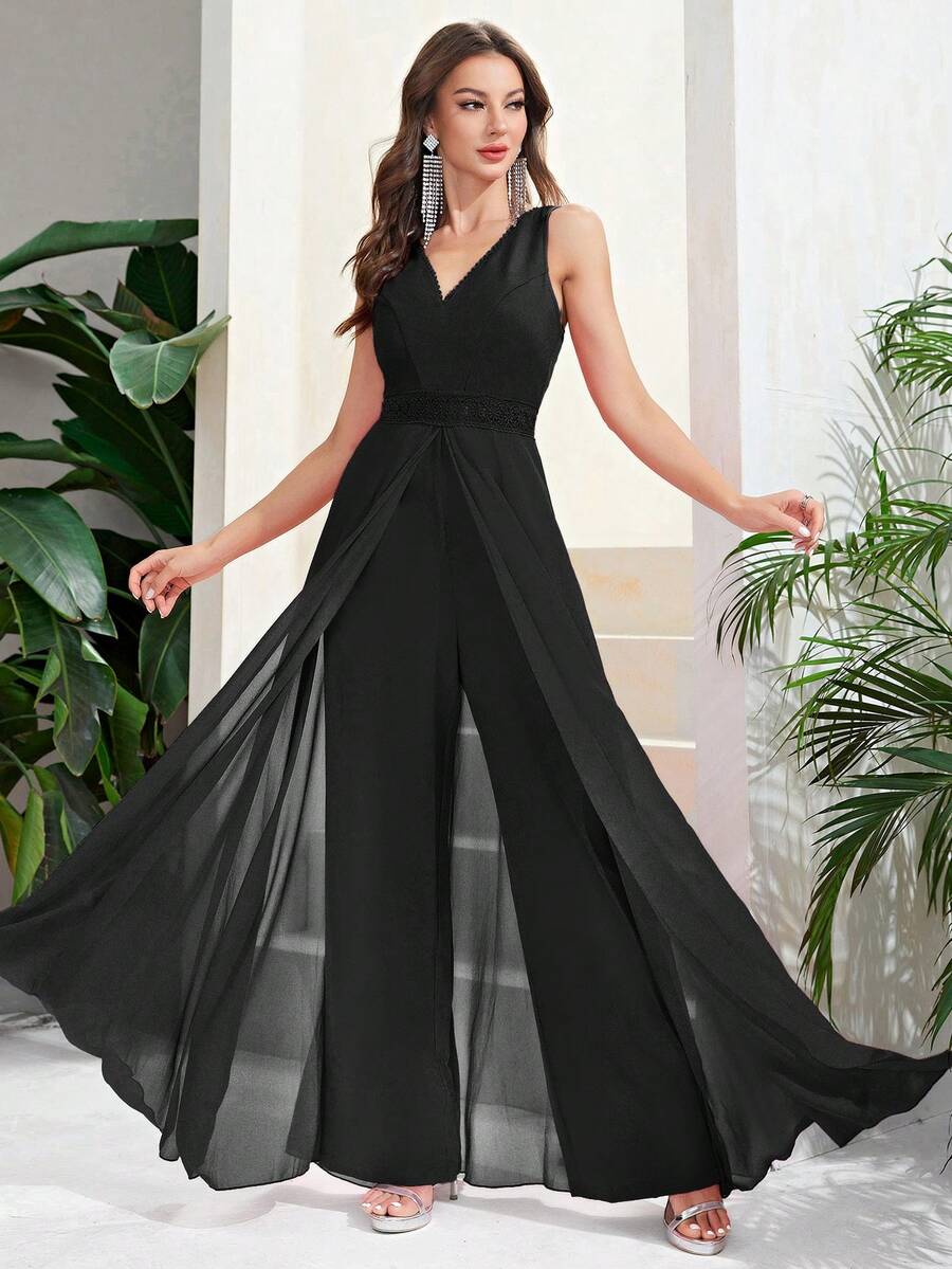 Double Crazy Solid Wide Leg Jumpsuit - Black - View 1