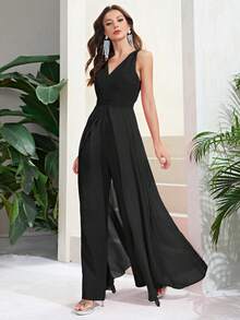 Double Crazy Solid Wide Leg Jumpsuit - Black - View 6