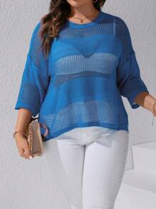 SHEIN LUNE Hơn Thả vai Đan Mở Áo len Không có áo ngực - Màu xanh lam - Xem 3