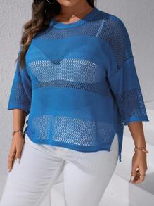 SHEIN LUNE Hơn Thả vai Đan Mở Áo len Không có áo ngực - Màu xanh lam - Xem 4