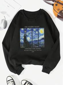 SHEIN EZwear Slogan Graphic Thermal Lined Sweatshirt THE STARRY NIGHT VINCENT VAN GOGH Museum Of Modern Art, New York 1889 - Black - View 1