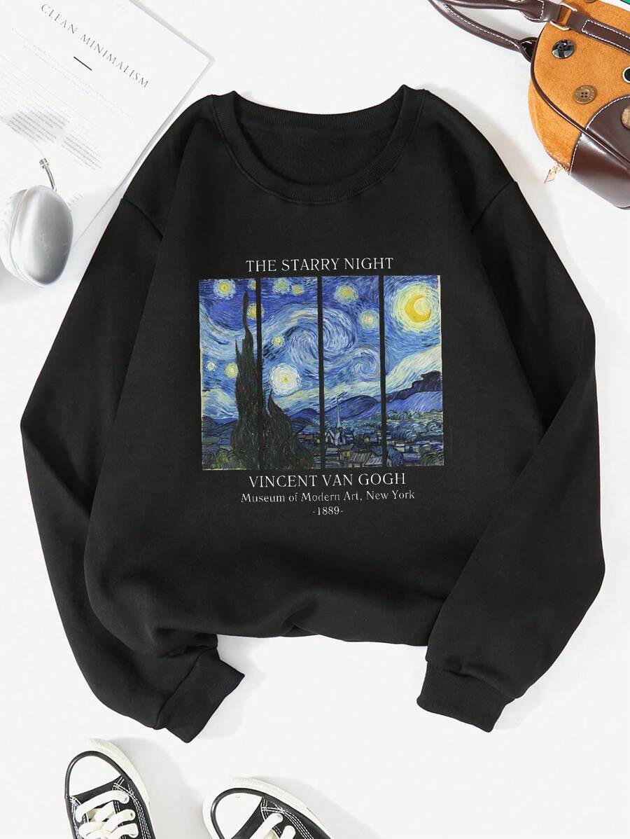 SHEIN EZwear Slogan Graphic Thermal Lined Sweatshirt THE STARRY NIGHT VINCENT VAN GOGH Museum Of Modern Art, New York 1889 - Black - View 1