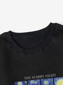 SHEIN EZwear Slogan Graphic Thermal Lined Sweatshirt THE STARRY NIGHT VINCENT VAN GOGH Museum Of Modern Art, New York 1889 - Black - View 4