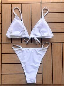 Bañador bikini con tanga triángulo unicolor - Blanco - Ver 2