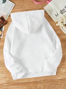 SHEIN EZwear Landscape & Letter Graphic Kangaroo Pocket Drawstring Thermal Lined Hoodie - White - View 2