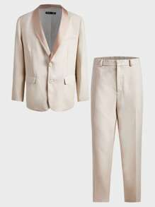 Manfinity VCAY Men Plus Solid Single Breasted Blazer & Suit Pants - Beige - View 3