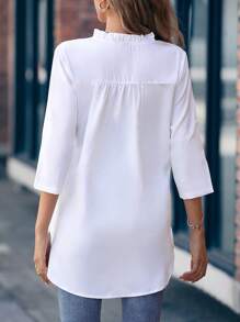EMERY ROSE Notched Neckline Roll Tab Sleeve Blouse - White - View 2