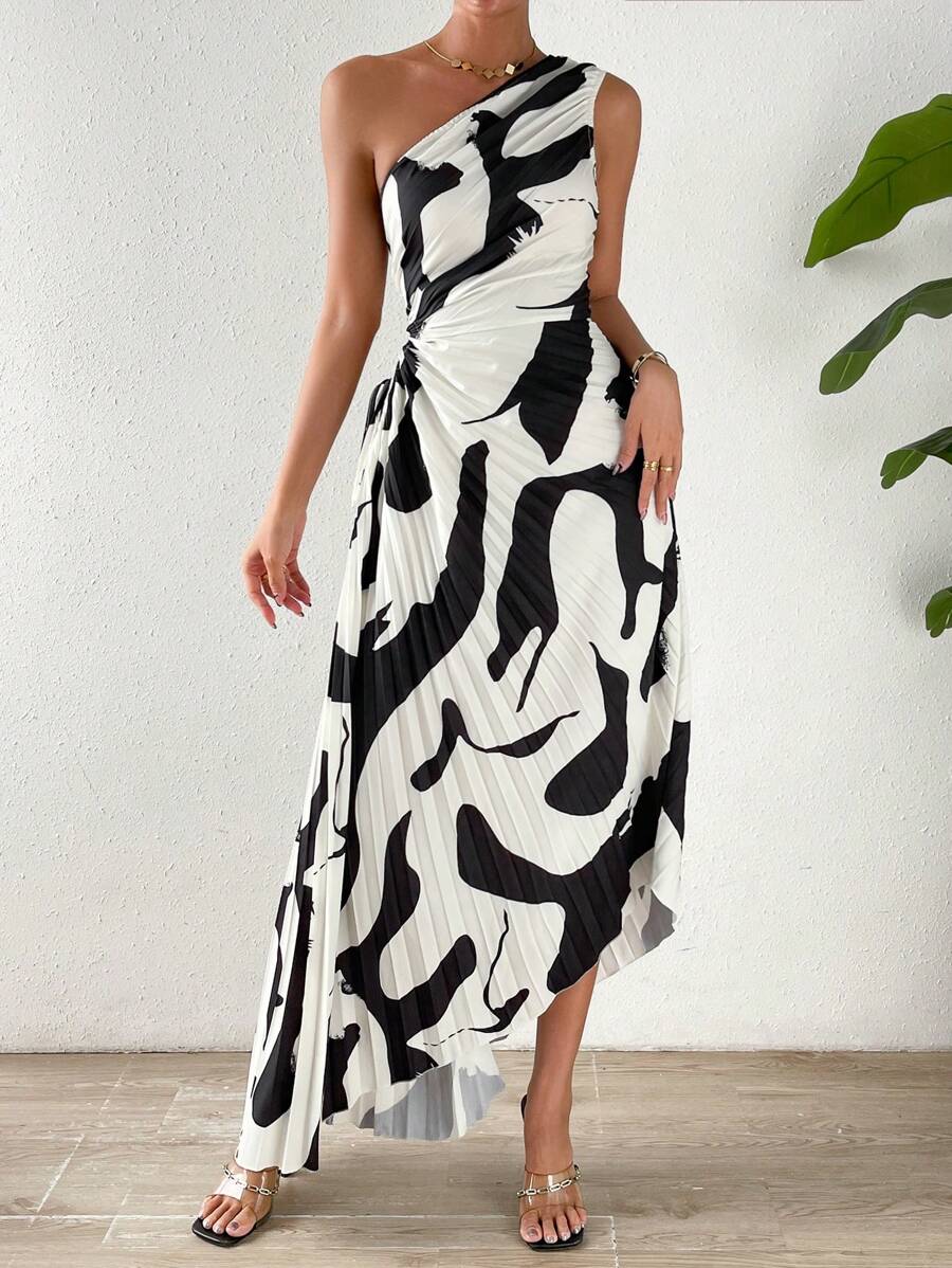 Chiquease 滿版印花單肩側打結不對稱下擺洋裝 - 黑與白 - 查看 1