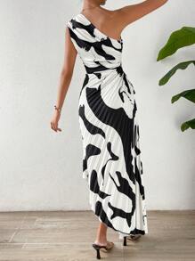 Chiquease 滿版印花單肩側打結不對稱下擺洋裝 - 黑與白 - 查看 2