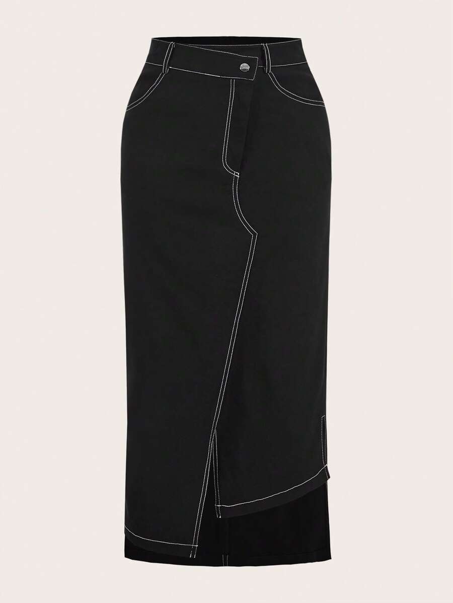 SHEINNeu Falda bajo con abertura con puntada - Negro - Ver 1