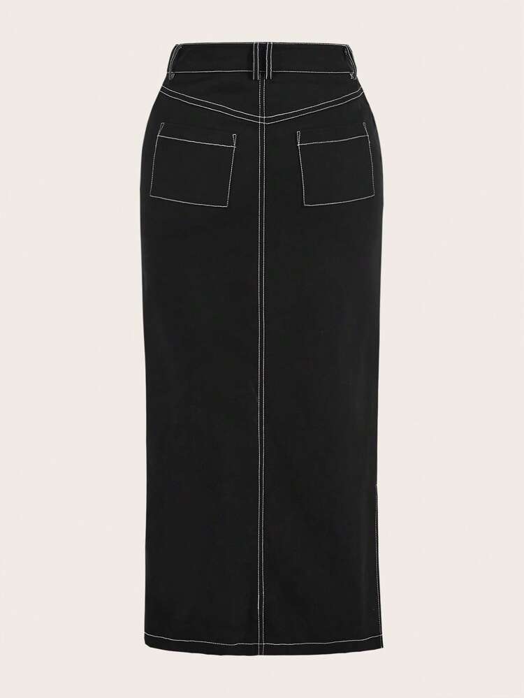 Top-stitching Split Hem Skirt