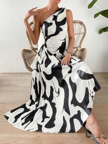 Chiquease 滿版印花單肩側打結不對稱下擺洋裝 - 黑與白 - 查看 5