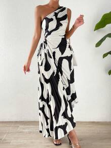 Chiquease 滿版印花單肩側打結不對稱下擺洋裝 - 黑與白 - 查看 6