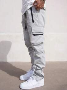 Manfinity Homme Loose Fit Men's Flap Pocket Drawstring Waist Cargo Pants - Grey - View 1