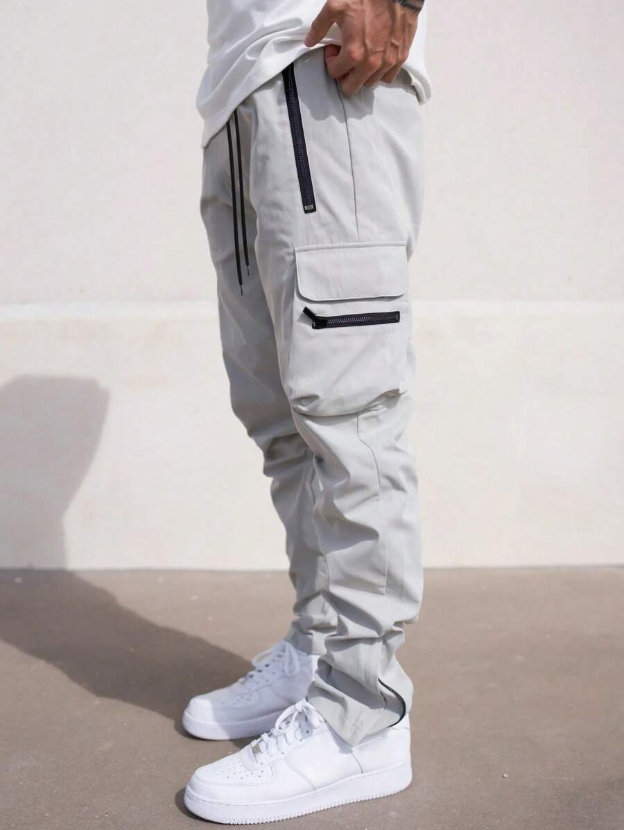 Manfinity Homme Loose Fit Men's Flap Pocket Drawstring Waist Cargo Pants - Grey - View 1