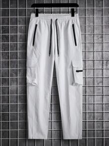 Manfinity Homme Loose Fit Men's Flap Pocket Drawstring Waist Cargo Pants - Grey - View 3