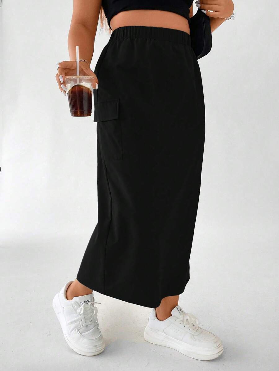 Flirla 加盖翻盖口袋侧开衩下摆半身裙 女式秋季半身裙 - 黑色 - 查看 1