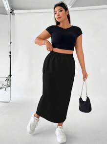 Flirla 加盖翻盖口袋侧开衩下摆半身裙 女式秋季半身裙 - 黑色 - 查看 3