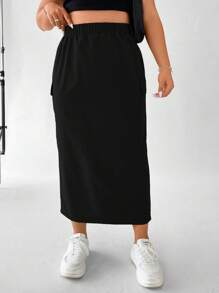 Flirla 加盖翻盖口袋侧开衩下摆半身裙 女式秋季半身裙 - 黑色 - 查看 4