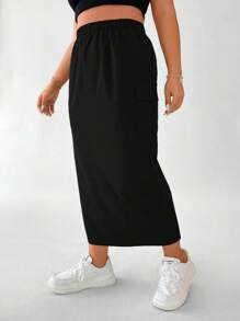 Flirla 加盖翻盖口袋侧开衩下摆半身裙 女式秋季半身裙 - 黑色 - 查看 6