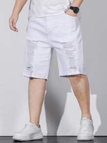 Manfinity LEGND 男士大码破洞抽鬚毛邊百慕大牛仔短褲