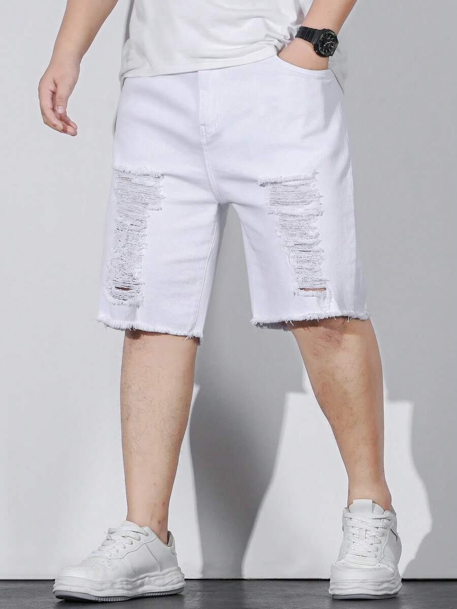 Manfinity LEGND 男士大码破洞抽鬚毛邊百慕大牛仔短褲