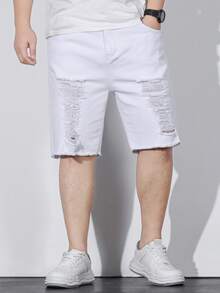 Manfinity LEGND 男士大码破洞抽鬚毛邊百慕大牛仔短褲