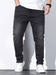 Manfinity Homme Men Plus Slant Pocket Jeans, Plain Slim Fit Long Plain Black Dark Wash Jeans Washed Cargo Jeans, For Husband, Boyfriend Gifts - Dark Grey - View 1