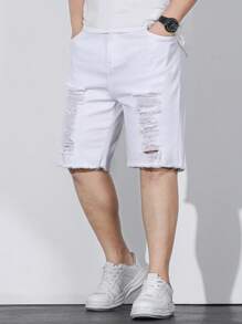 Manfinity LEGND 男士大码破洞抽鬚毛邊百慕大牛仔短褲