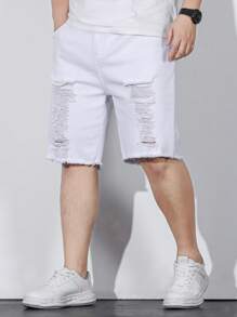 Manfinity LEGND 男士大码破洞抽鬚毛邊百慕大牛仔短褲