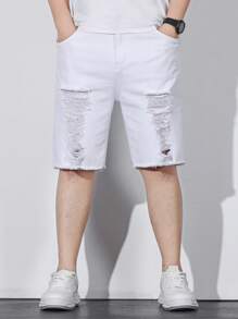 Manfinity LEGND 男士大码破洞抽鬚毛邊百慕大牛仔短褲