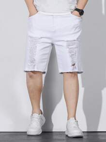 Manfinity LEGND 男士大码破洞抽鬚毛邊百慕大牛仔短褲