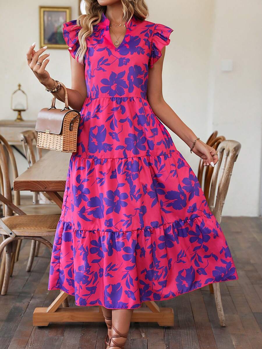 EMERY ROSE Floral Print Butterfly Sleeve Ruffle Hem Smock Dress