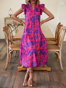 EMERY ROSE Floral Print Butterfly Sleeve Ruffle Hem Smock Dress