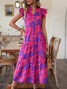 EMERY ROSE Floral Print Butterfly Sleeve Ruffle Hem Smock Dress