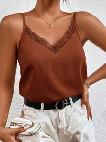 SHEIN Frenchy 蕾絲拼接吊帶上衣 - 棕色 - 查看 4