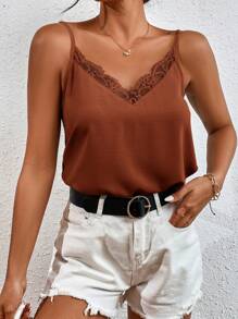 SHEIN Frenchy 蕾絲拼接吊帶上衣 - 棕色 - 查看 5