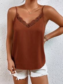 SHEIN Frenchy 蕾絲拼接吊帶上衣 - 棕色 - 查看 6