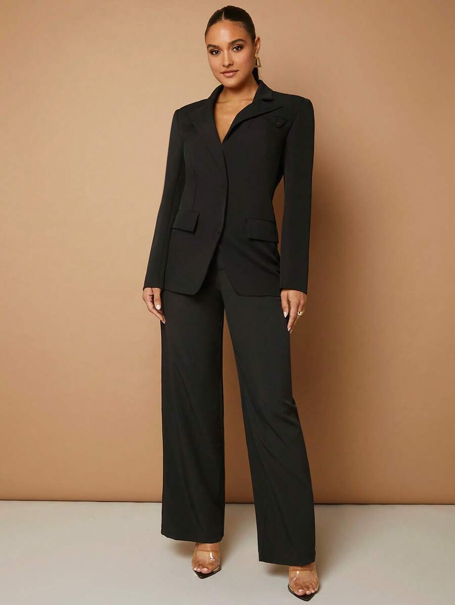 SHEIN BAE Cổ áo Chi tiết về Flap Ngực đơn Áo vest Không có áo ngực - màu đen - Xem 1