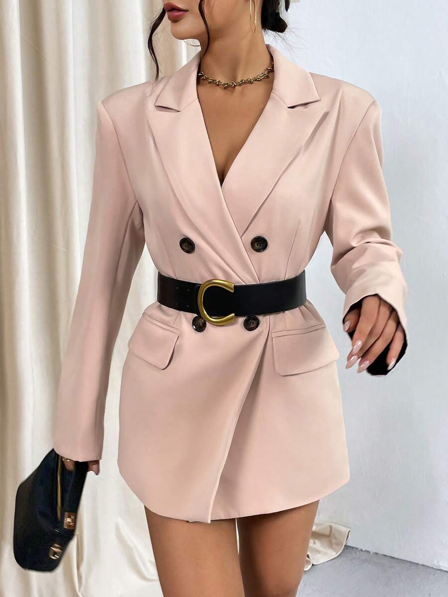 SHEIN Essnce 雙排釦翻蓋細節西裝外套不附腰帶 - 卡其色 - 查看 1