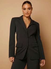 SHEIN BAE Cổ áo Chi tiết về Flap Ngực đơn Áo vest Không có áo ngực - màu đen - Xem 5